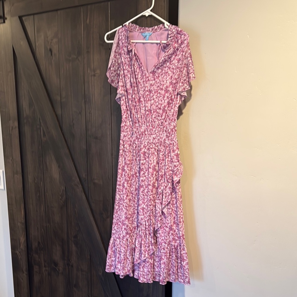 Smocked Waist Pink Floral Midi Dress with Ruffle Trim